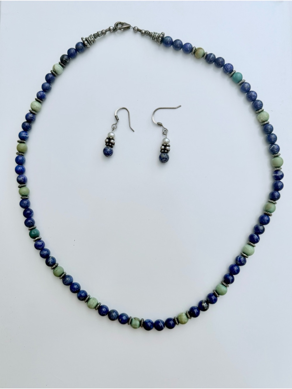 Vintage Lapis,Turquoise and Sterling Silver Beaded Necklace Matching Earrings